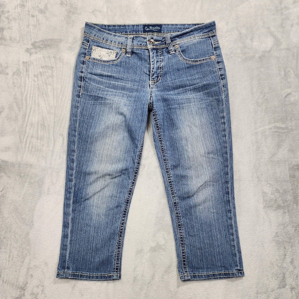 Royalty By YMI‎ Jeans Womens 8 Blue Mid Rise Capri Crop Lace Rhinestone Stretch